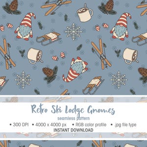 May include: A seamless pattern on a dusty blue background featuring illustrations of gnomes in red and white striped hats, wooden skis, sleds with blankets, mugs of hot cocoa, pinecones, snowflakes, and red and white striped mittens.