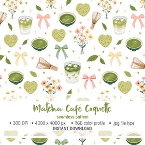 Könnte beinhalten: Ein nahtloses Muster mit Matcha-Themen-Illustrationen. Das Design umfasst Matcha-Getränke, Matcha-Schalen, herzförmiges Matcha, Schneebesen, Schleifen und Gänseblümchen-Sträuße. Der Text "Matcha Café Coquette" ist ebenfalls vorhanden.