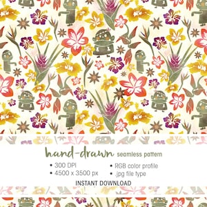 Peut inclure: Motif sans couture dessiné à la main avec un motif répété de fleurs stylisées, d'oiseaux et de personnages de dessins animés dans des tons de jaune, orange, violet et vert. Le texte "hand-drawn seamless pattern" est inclus. Détails techniques.