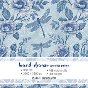 May include: A seamless hand-drawn pattern featuring blue floral and dragonfly illustrations on a light blue background. The design includes large peony-like flowers and delicate leaves. The text "hand-drawn seamless pattern" is visible, along with file details.