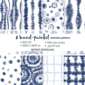 Peut inclure: Huit motifs sans couture peints à la main en bleu et blanc. Les motifs comprennent des motifs tie-dye et circulaires. L'image contient le texte : "8 hand-painted seamless patterns", "600 DPI", "3600 x 3600 px", "profil de couleur RVB", ".jpg file type" et "INSTANT DOWNLOAD".