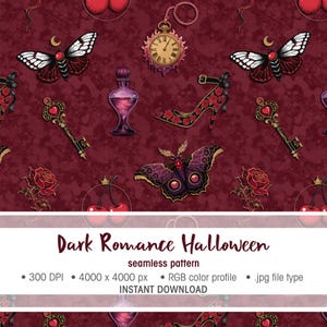 Op de afbeelding: Een naadloos patroon met een donkerrode achtergrond met gotische illustraties. Het ontwerp bevat vlinders, sleutels, pumps, zakhorloges, rozen en kersen. De tekst "Dark Romance Halloween" wordt onderaan weergegeven.