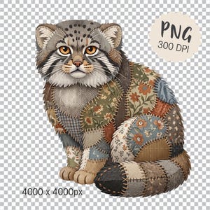 May include: A detailed illustration of a cat with a patchwork design. The cat has a gray and brown coat with orange eyes and a white muzzle. The patchwork consists of various fabric patterns, including floral and plaid. The image includes the text "PNG 300 DPI".