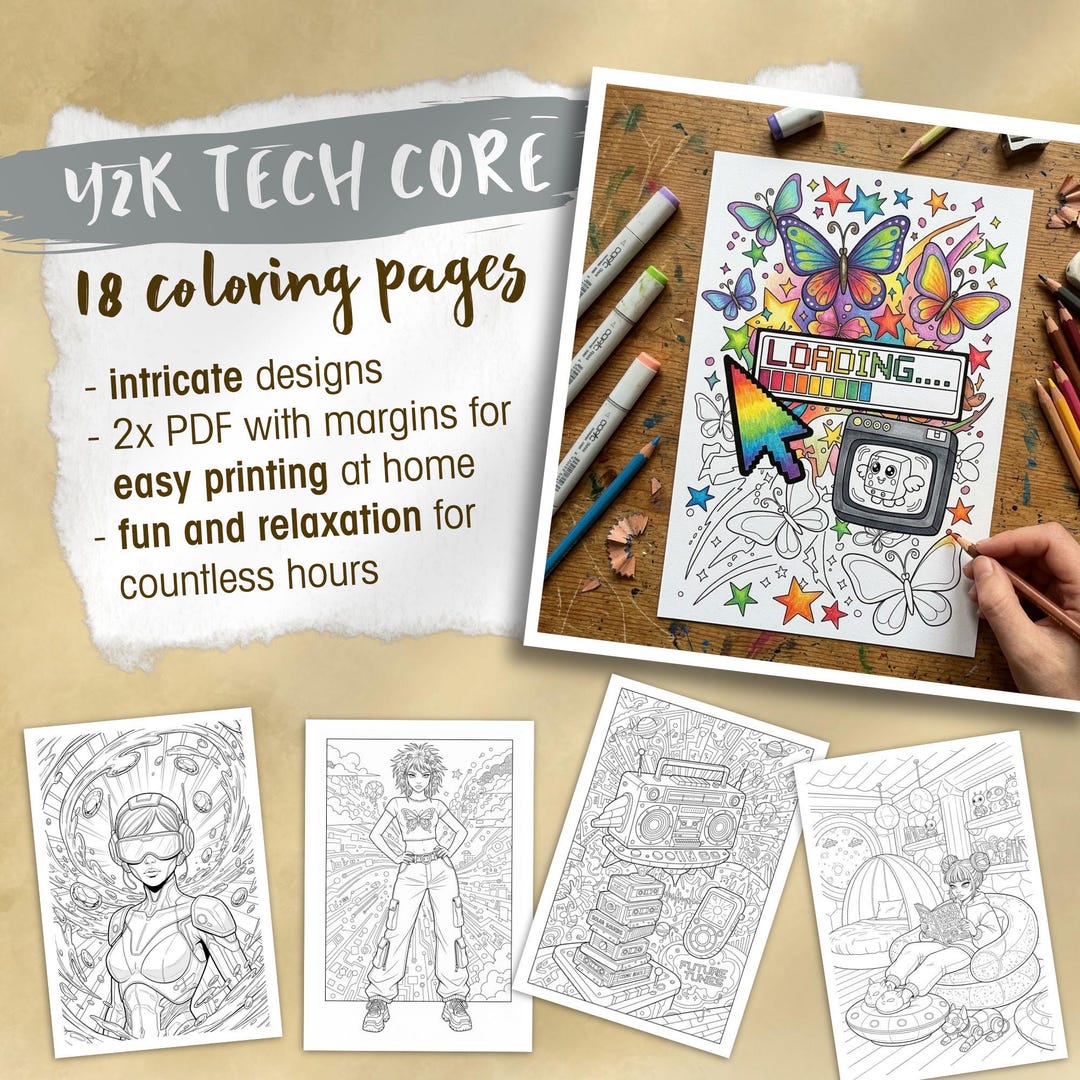 Y2K Tech Core 18 Coloring Pages for Adults | Printable PDF | Nostalgic ...