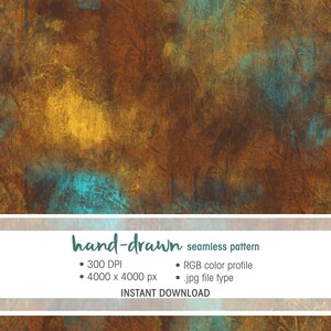 Może przedstawiać: Ręcznie rysowany bezszwowy wzór z teksturowanym wzorem w odcieniach brązu, złota i turkusu. Obraz zawiera szczegóły, takie jak 300 DPI, 4000 x 4000 px, profil kolorów RGB i typ pliku .jpg. Obecny jest również tekst "NATYCHMIASTOWE POBIERANIE".