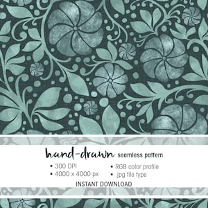 May include: A seamless, hand-drawn pattern featuring stylized teal flowers and foliage on a dark teal background. The design includes large floral elements, leaves, and swirling vines. The text "hand-drawn seamless pattern" is displayed at the bottom.