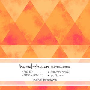 Puede incluir: Un patrón sin costuras dibujado a mano con un diseño geométrico de triángulos naranjas y rosas. La imagen incluye el texto "hand-drawn seamless pattern", junto con detalles técnicos como 300 DPI y 4000 x 4000 px. También está presente el texto "INSTANT DOWNLOAD".