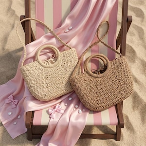 Bolso de paja tejido a mano para mujer, bolso de playa tipo cubo de verano, bolso de viaje para la costa, bolso de cesta