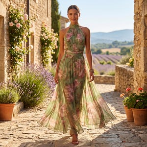 Abito lungo in chiffon floreale con scollo all'americana, stampa acquerello verde salvia e rosa, abito plissettato senza schienale