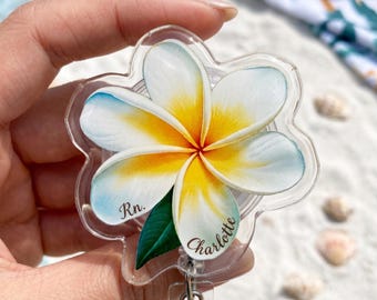 Custom Name Plumeria Flower Badge Reel, Personalized Watercolor Tropical Beach ID Holder, Acrylic RN Nurse Gift, Cute Work Accessory