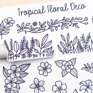 Tropical Floral Deco Planner Sticker Sheet Minimal Simple Line Art Foliage Flowers Plants Leaves Borders Edges Corners