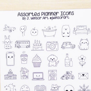 Assorted Planner Icons and Doodles Sticker Sheet Bujo Cute Kawaii Items Line Art Style