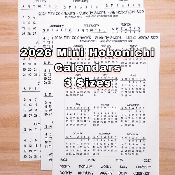 2026 Mini Calendars Hobonichi Sunday Start A5 A6 Weeks Sizes Planner Sticker Sheet Bujo Jan Feb Mar Apr May Jun Jul Aug Sept Oct Nov Dec