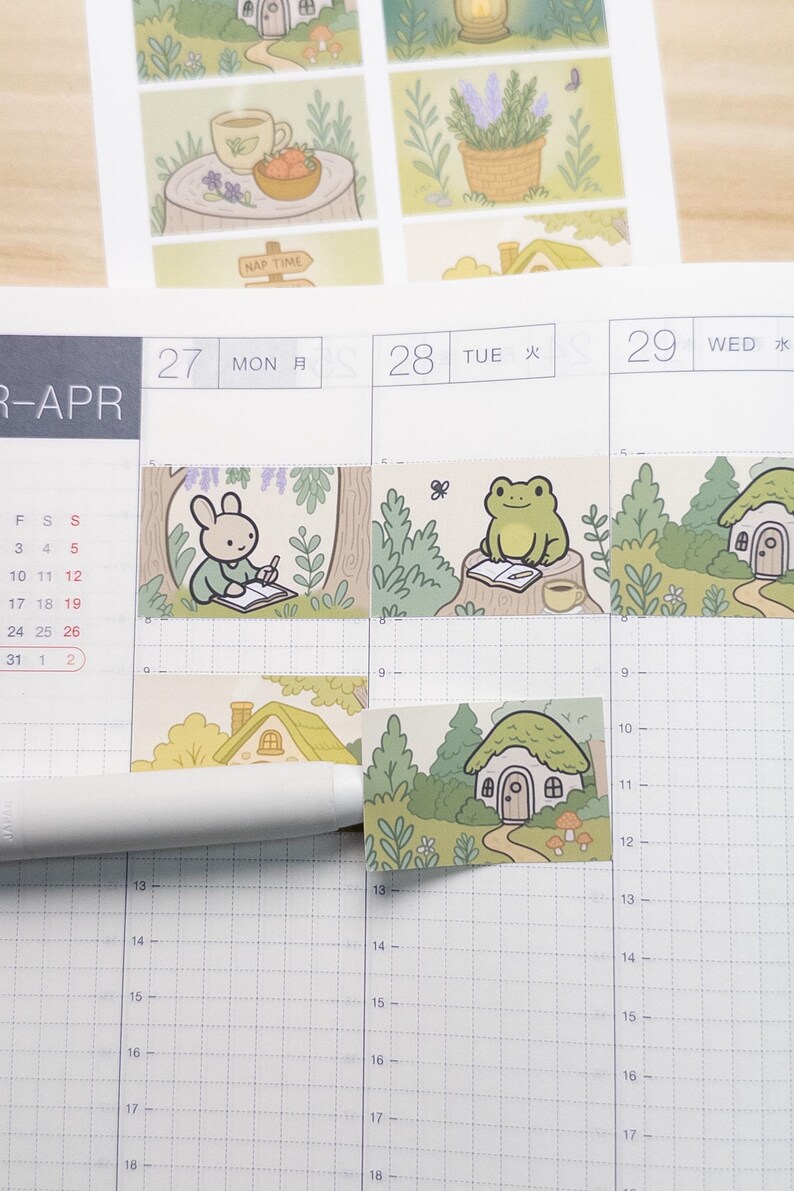 May include: A set of illustrated stickers with a whimsical forest theme. The stickers feature scenes of a bunny writing, a frog reading, and small houses. The color palette includes greens, yellows, and browns, with the text "NAP TIME" visible.