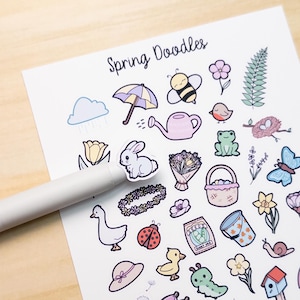 Frühling Doodles Deko Planer Sticker Blatt Blume Ente Regenbogen Frosch Vogel Hase Korb Klee Kite Kirschblüte Biene Bujo Cute Kawaii