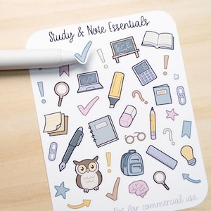 May include: A sticker sheet with various study-themed illustrations. Includes an owl, laptop, notebook, pencil, and other school supplies. The text "Study & Note Essentials" is at the top. The bottom text reads "@jwinsorart Not for commercial use."
