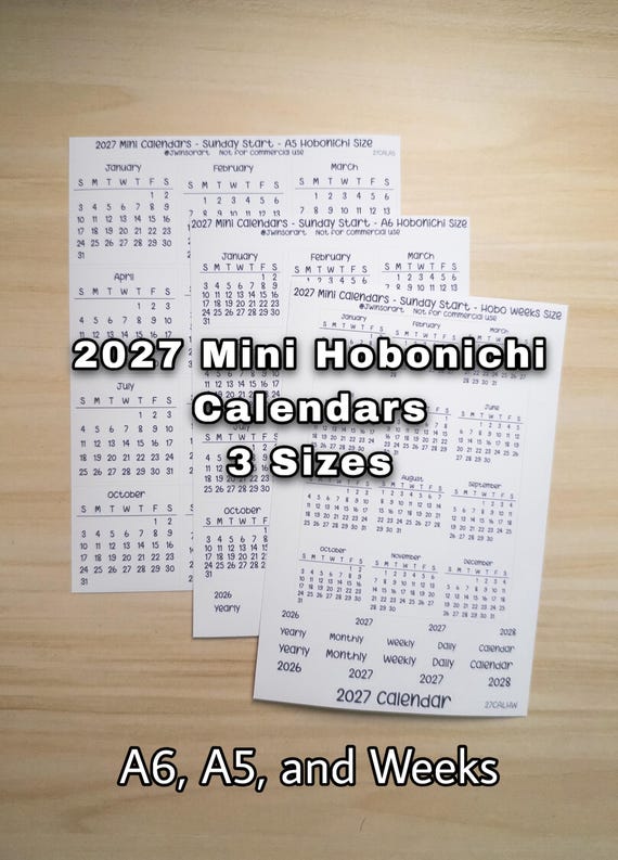 2027 Mini Calendars Hobonichi Sunday Start A5 A6 Weeks Sizes Planner Sticker Sheet Bujo Jan Feb Mar Apr May Jun Jul Aug Sept Oct Nov Dec