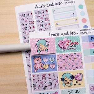 Kit cousine coeurs et amour Angie Hobo Planner Kit feuille d'autocollants Saint Valentin Hobonichi Bujo Jolie fille Kawaii Chibi
