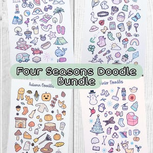 May include: Four digital sheets of doodle illustrations for each season. The sheets are titled "Summer Doodles", "Spring Doodles", "Autumn Doodles", and "Winter Doodles". Each sheet features a variety of cute, colorful doodles related to the corresponding season.