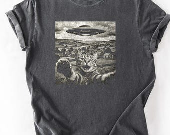 Camiseta de gato OVNI, camiseta vintage con estampado alienígena de ciencia ficción