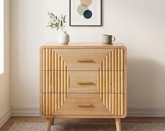 Farmhouse Nightstand 2 Drawer Rustic Wood Bedside Table Boho Mid Century Natural Furniture