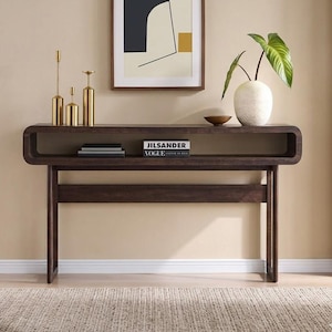 63 Inch Curved Console Table, Narrow Entryway Sofa Table with Shelf