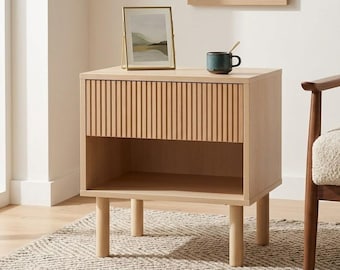 Mid Century Nightstand Set Of 2 Fluted Drawer Bedside Table With Shelf Wood