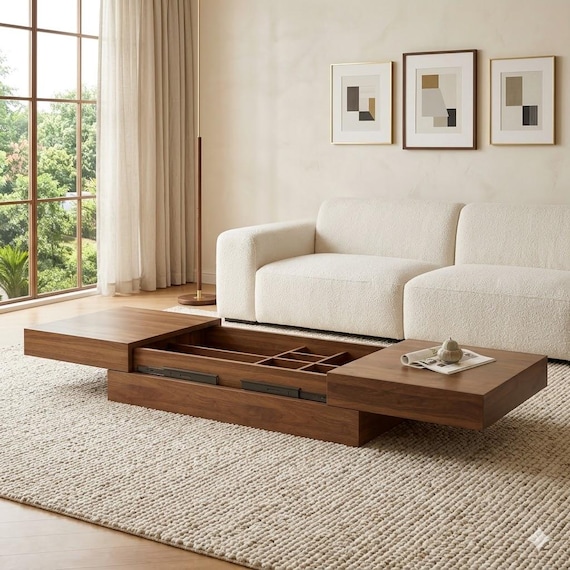 Expandable Coffee Table Mid Century Farmhouse Walnut Storage Adjustable Center Table Living Room