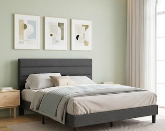 Upholstered Platform Bed Frame Panel Headboard Wood Slat Support No Box Spring Needed