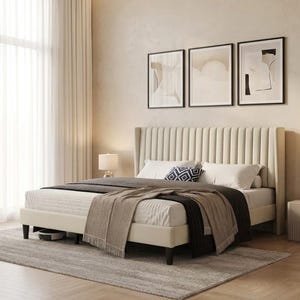 May include: A contemporary bedroom with a cream-coloured bed and a tall, vertically-lined headboard. The bed has white bedding and a dark blanket. The room has a neutral colour palette, with a large window and artwork on the wall.