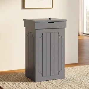 May include: A gray wooden storage cabinet with a hinged lid and a small black knob. The cabinet has vertical paneling on the front and decorative trim. It is placed on a beige rug in a room with a framed picture and a window.