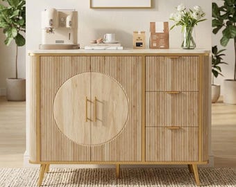 Fluted Buffet Cabinet Coffee Bar Station Storage Sideboard With Drawers Adjustable Shelves