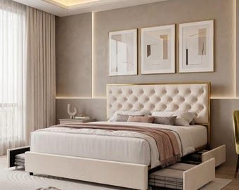 King Storage Bed Frame Velvet Upholstered Tufted Headboard Platform Bed With 4 Drawers