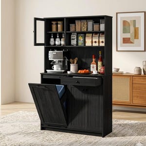 Puede incluir: Un mueble bar de café de madera negra con una máquina de espresso incorporada, estantes para almacenamiento y un cubo de basura extraíble. El mueble tiene un acabado oscuro y está lleno de suministros y accesorios de café.
