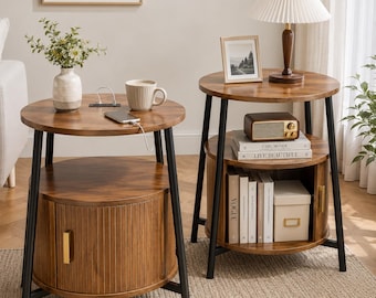 Round Fluted End Tables Set Charging Station Walnut Sliding Door Mid Century Modern Design