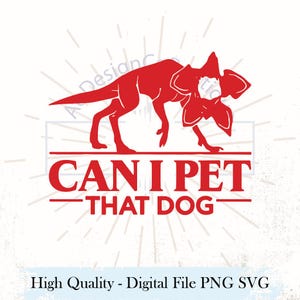 May include: A red graphic illustration of a creature with a flower-like head and a long tail, positioned above the red text CAN I PET THAT DOG. The design features thin radiating lines in the background and a horizontal line separating the elements.