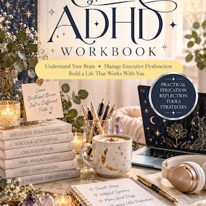 May include: The Inattentive ADHD Workbook features a stack of books titled Executive Functioning, Focus & Attention, Organisation, Time Management, Self-Compassion, and Everyday Strategies. A mug with a gold moon, a notebook, pens, and headphones are present.