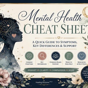 Op de afbeelding: Een Mental Health Cheat Sheet gids met een silhouet van een persoon met een hersenillustratie, florale accenten en een halve maan. De tekst bevat 'A Quick Guide to Symptoms, Key Differences & Support' en 'Insight, Clarity, Compassion, Hope'.