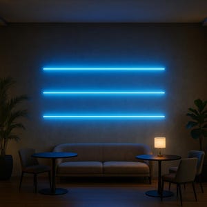 May include: A modern interior scene featuring a neutral-toned sofa, two small round tables, and chairs. Three horizontal blue neon lights illuminate the wall. A small lamp sits on one table, and potted plants add greenery.