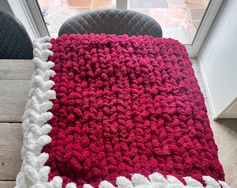 Handmade Chunky Chenille Throw Blanket – Deep Berry Red with Soft White Ruffle Border