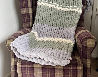 Earthy Sage Green, Soft Slate Grey, and Crisp Cream Handwoven Blanket