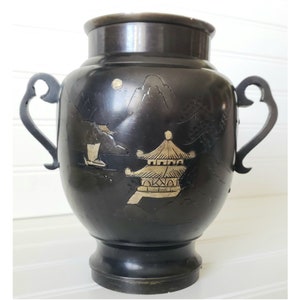Vintage Japanese Vase Antique Ikebana Usubata Bronze Inlay Urn