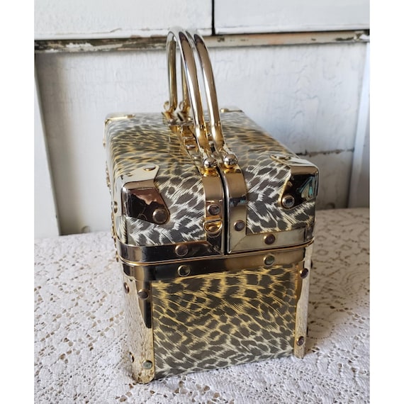 Vintage 60s Comeco Box Purse Cheetah Tiger Jaguar Cat Print Gold