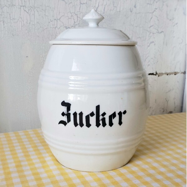 Antique German Zucker Sugar Canister Vintage Barrel Shape with Lid White Porcelain Black Transfer Lettering