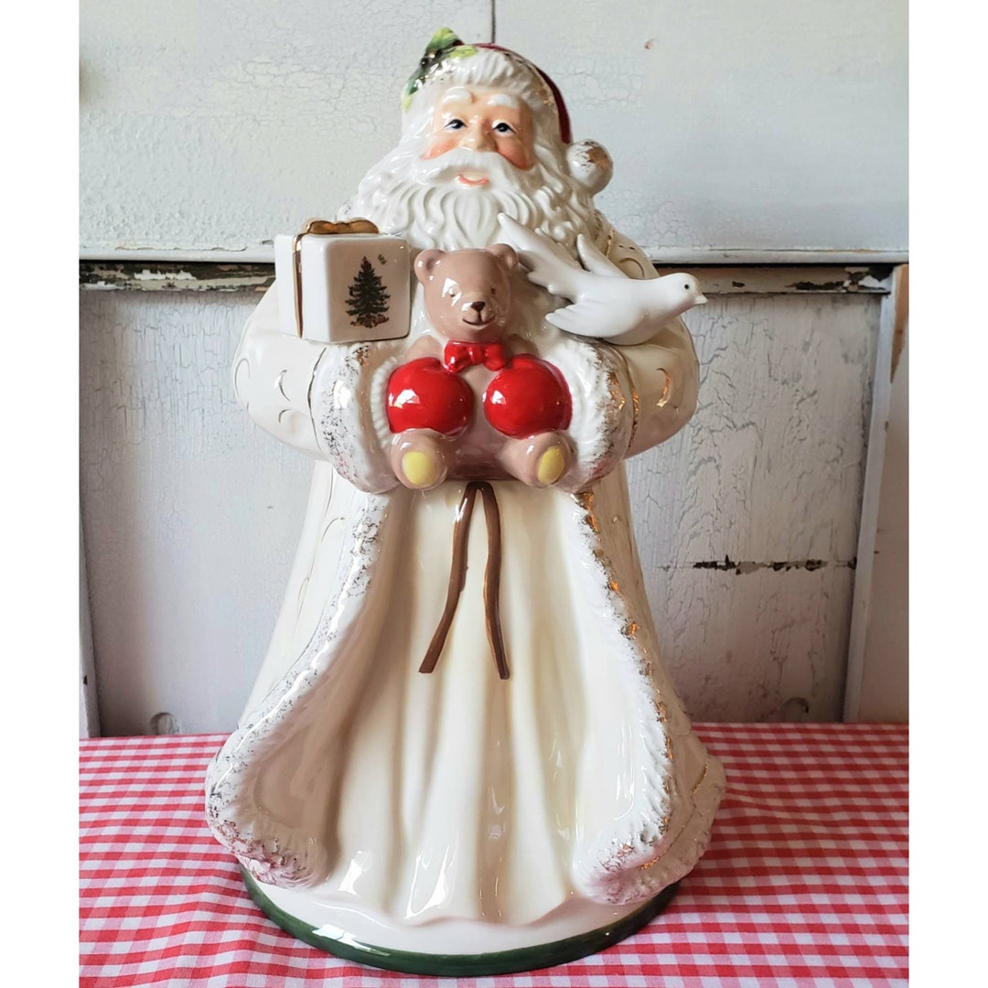 Spode Santa Cookie Jar White Suit Robe Old World Christmas Clause