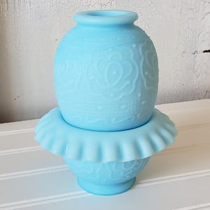 Vintage Fenton Satin Blue Fairy Lamp Candle Holder Light Baby Blue 2 Piece Ruffled Relief Design Mid Century Modern Decor
