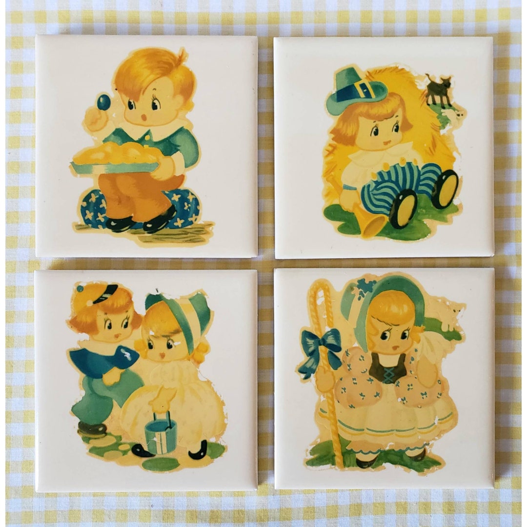 Vintage Nursery Rhymes Tiles With Water Slide Decals Jack and Jill