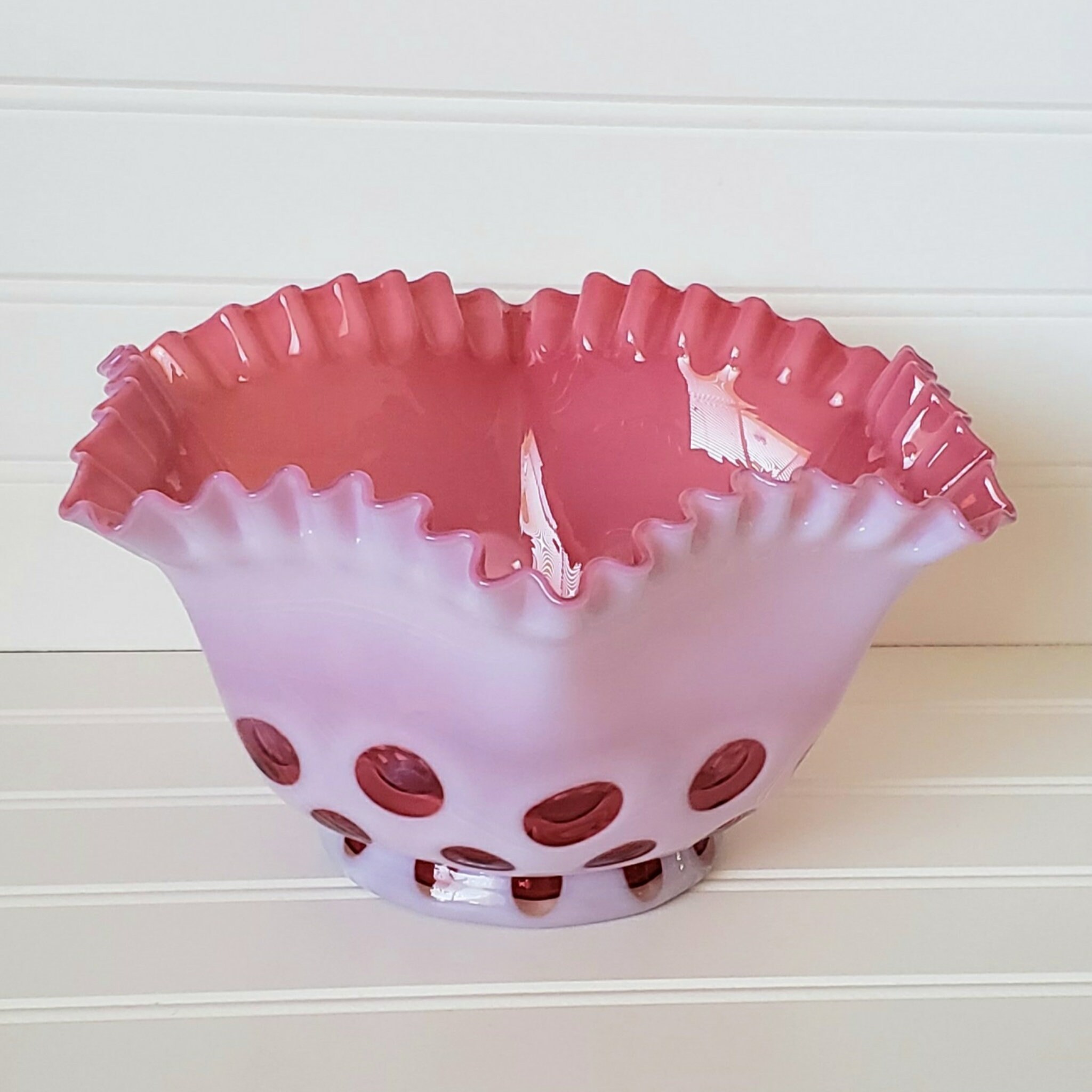 花瓶・フラワースタンド VINTAGE FENTON COIN DOT BOWL Vintage Large Fenton Coin Dot Cranberry Opalescent Bowl