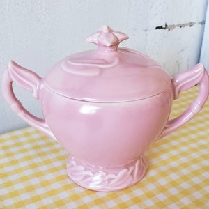 Vintage Vernon Kilns Pink Sugar Bowl with Lid Native California Pottery Flower Leaves