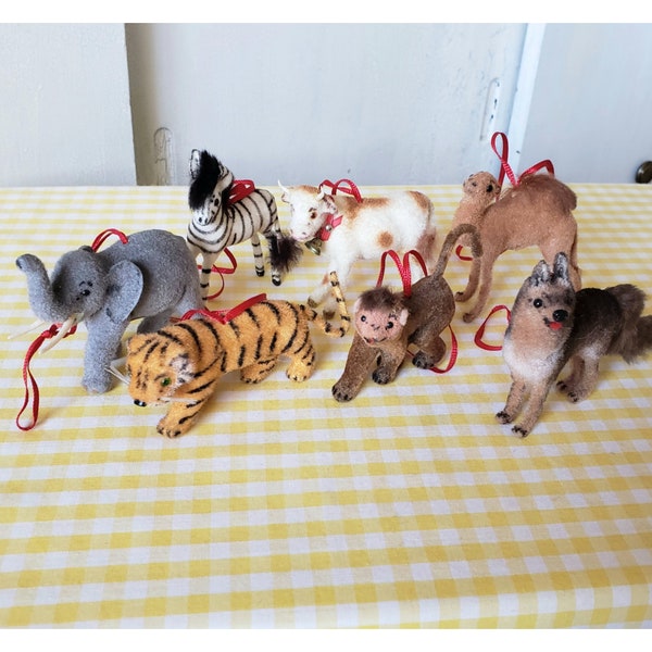 Vintage 7 Kunstlerschutz West Germany Flocked Animals Lot German Shepard Dog Tiger Zebra Camel Elephant Cow Monkey 70s Christmas Ornaments